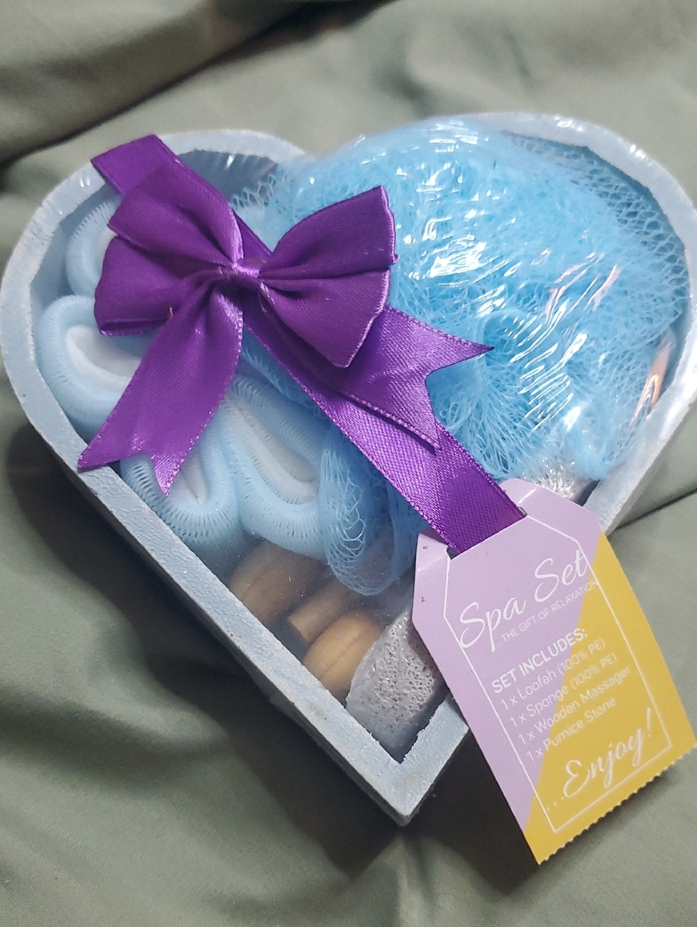 Spa Set Heart Box with Light Blue Bath Puff and Purple Bow